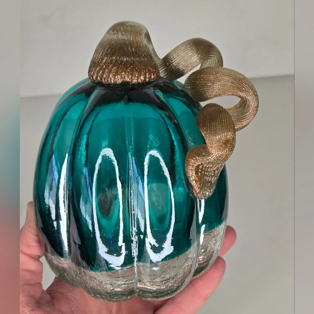 Glitzhome Teal Turquoise Hand Blown Crackle Glass And Glitter Pumpkin Fall Decor